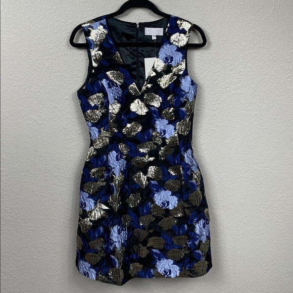 NWT Badgley Mischka Sleeveless A Line Floral Metallic Dress Blue Gold Sz 8 - Picture 2 of 11